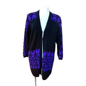 Vintage 90s Womens Luxury Knit Cardigan Large Open Blazer Black Purple